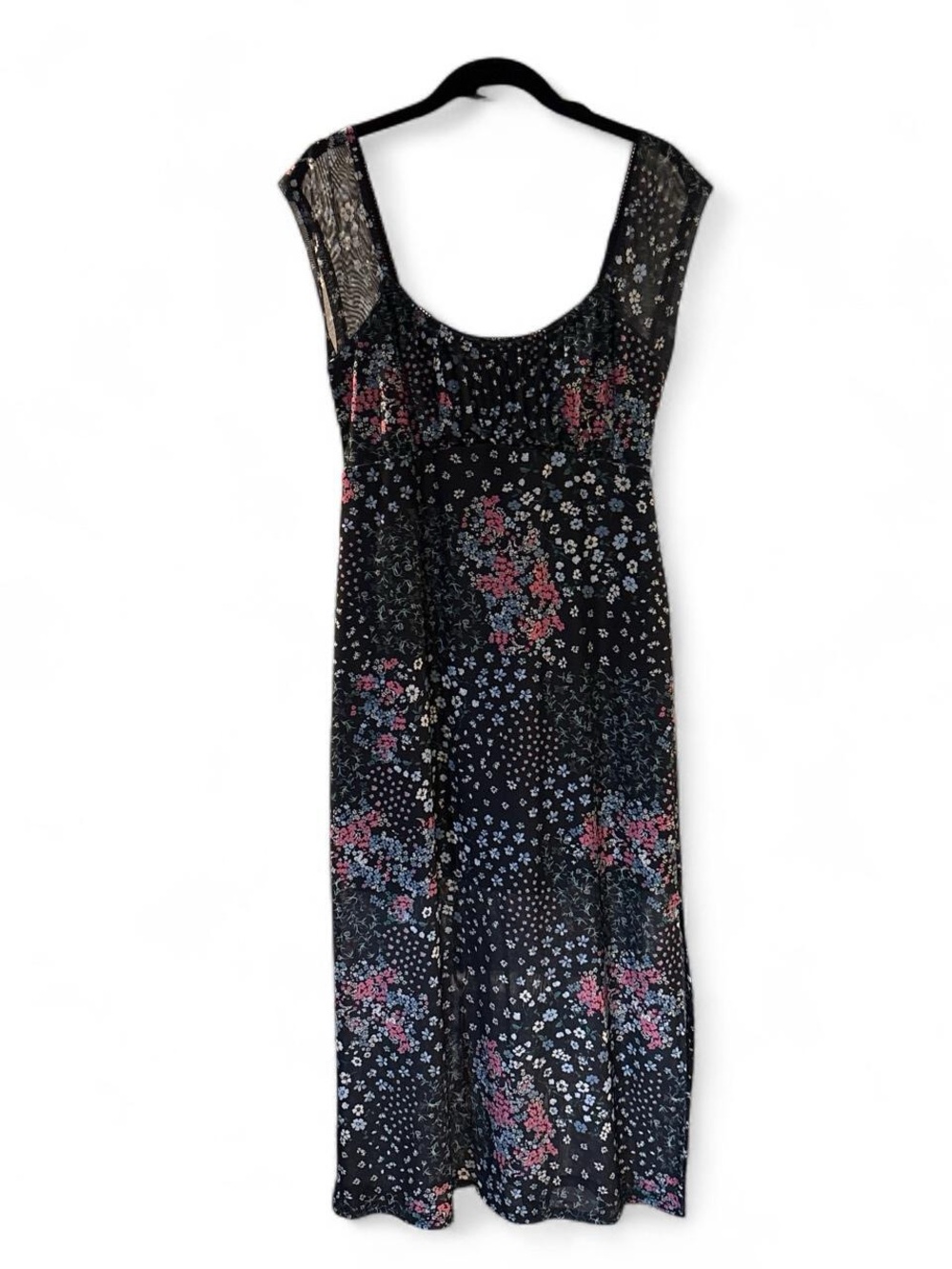 Black Floral Midi Dress with Scoop Neck